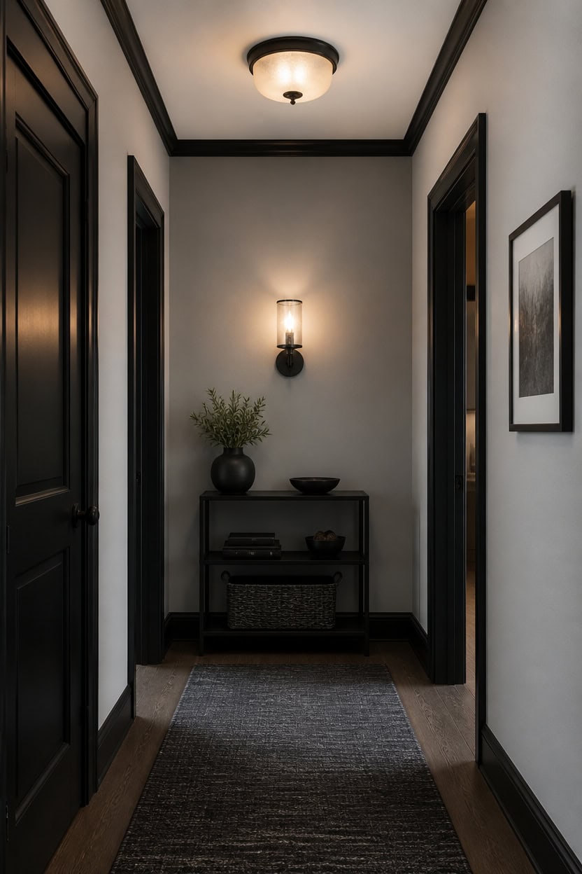 Stylish apartment hallway with black trim, wall art, and modern lighting fixtures.