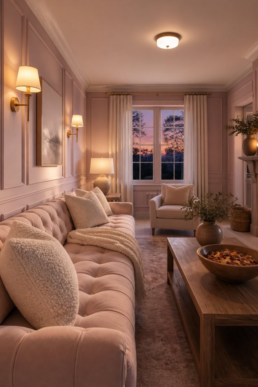 Stylish living room with plush sofa, warm lighting, and sunset view through large window.