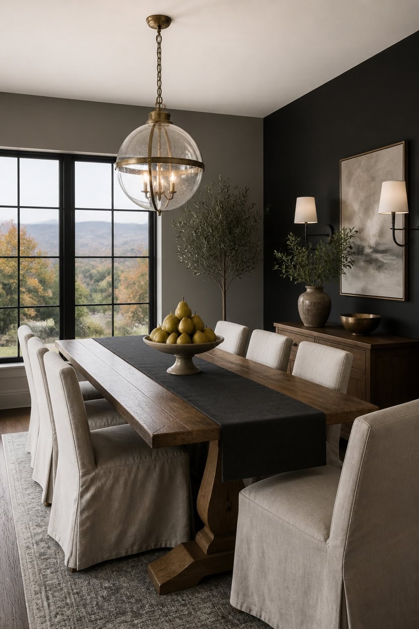 Elegant dining room with large window view, wooden table, and stylish decor.