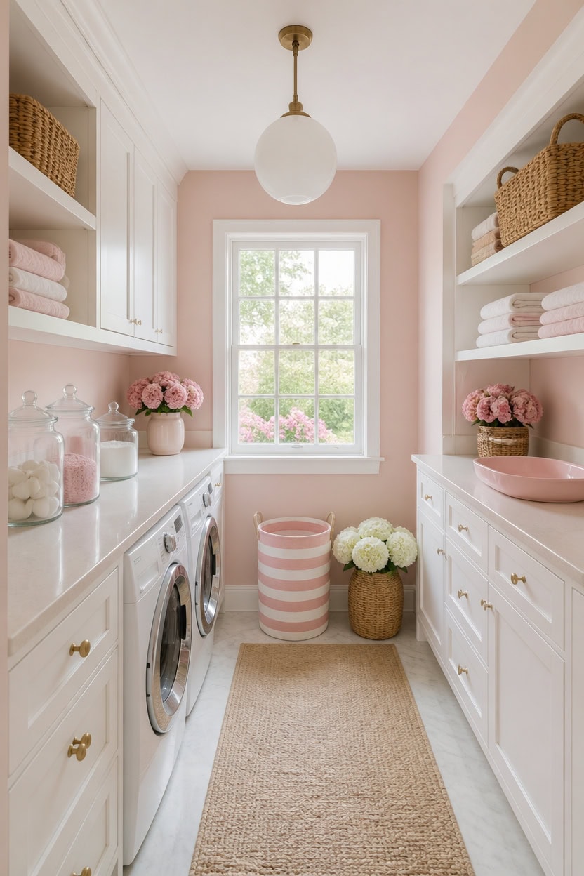 Bright laundry room with pink and white decor, shelves, and a window view of greenery.