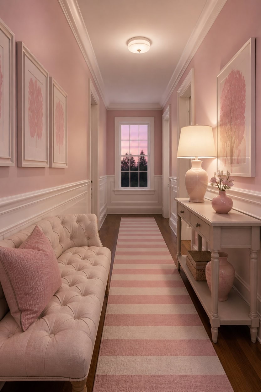 Elegant pink-themed hallway with artwork, sofa, and side table in apartment.