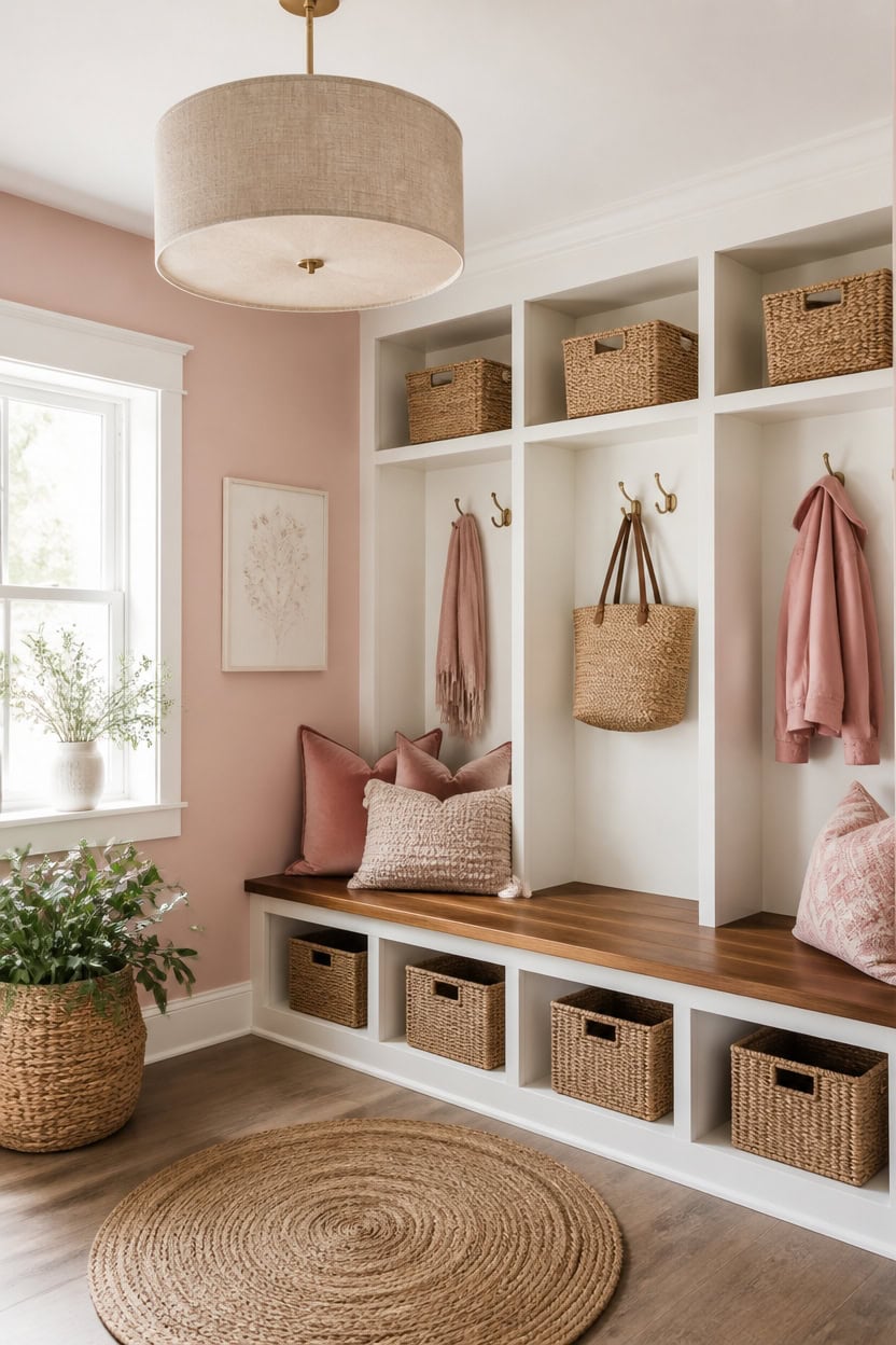 Elegant mudroom with built-in storage, hooks, and seating area in a modern home.