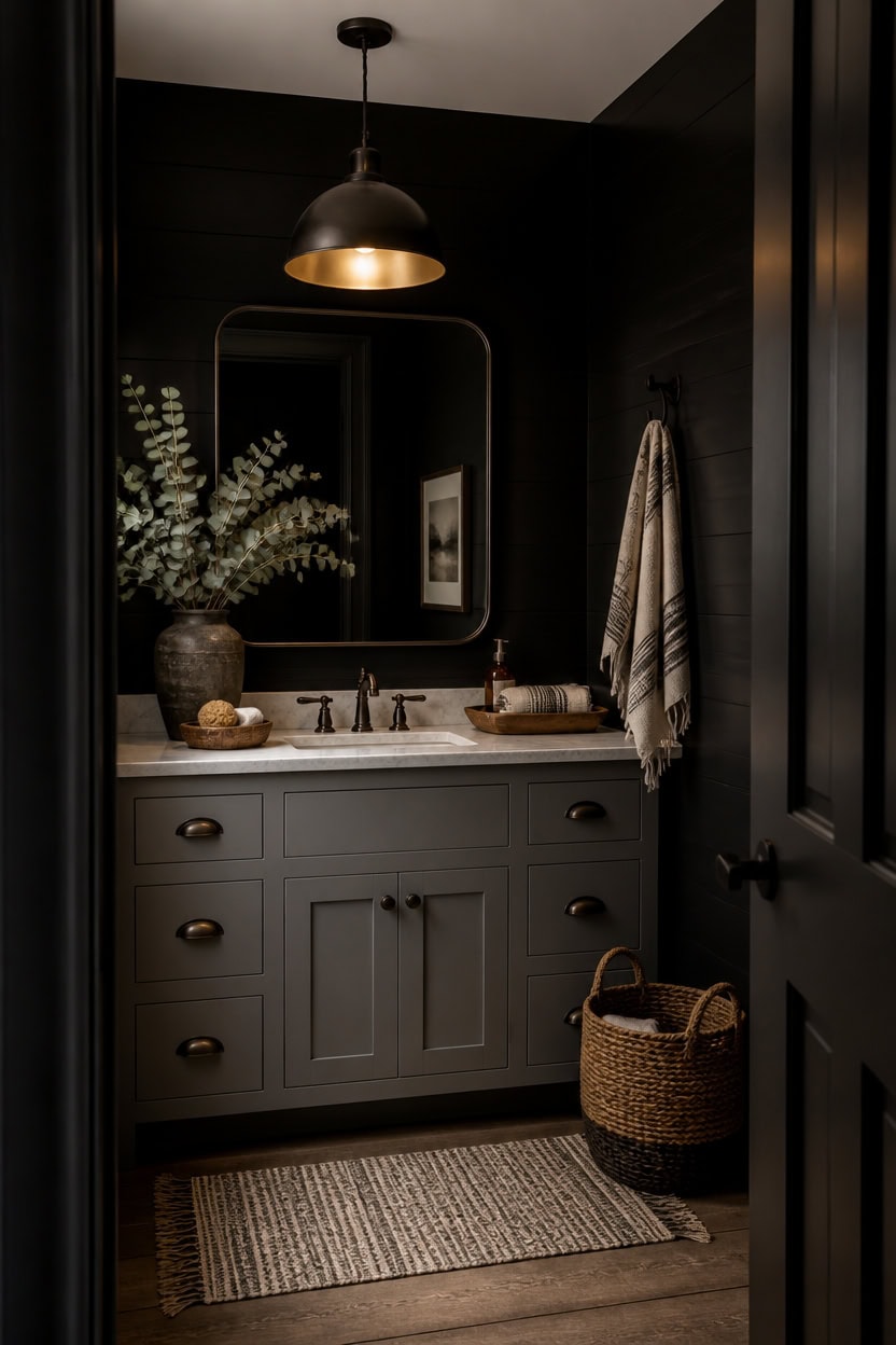 Stylish bathroom with dark walls, gray vanity, and elegant lighting.