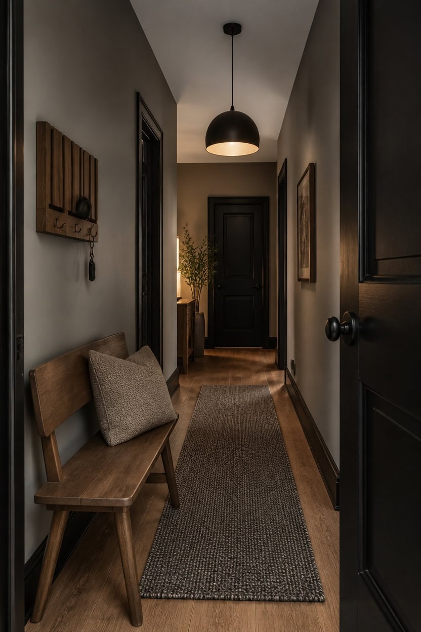 Stylish hallway with wooden bench, black door, and warm lighting.