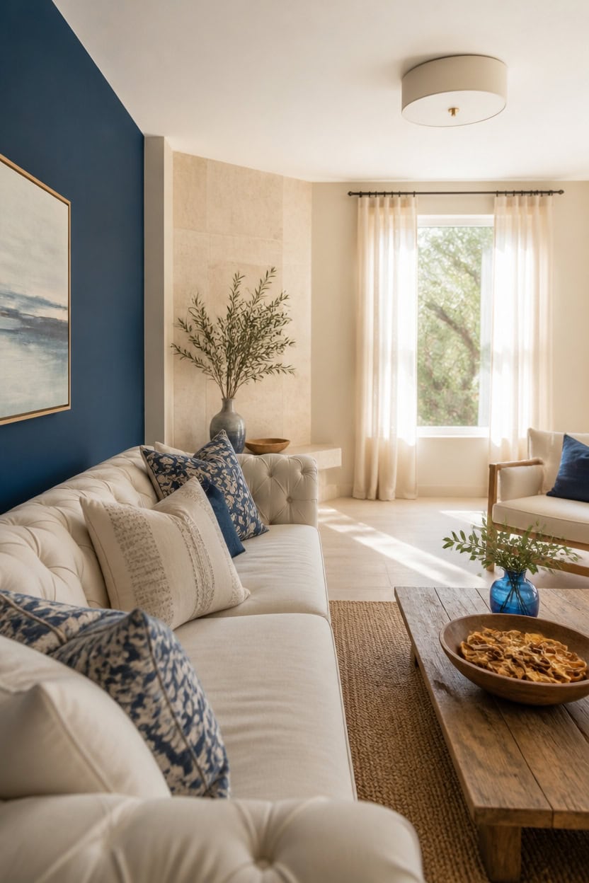 Cozy living room with beige sofa, blue accent wall, and large window with curtains.