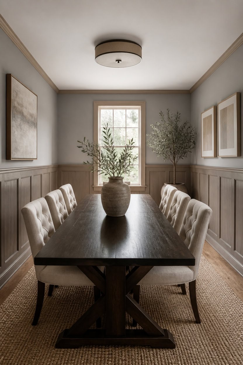wood paneled dining with olive