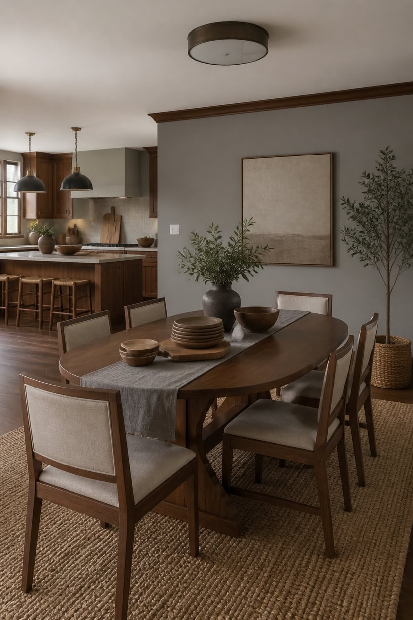 wood toned dining zone delineation