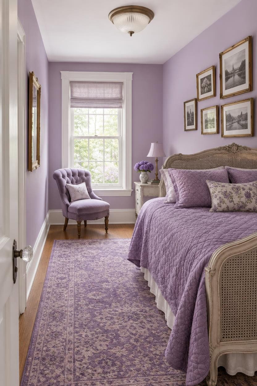 Elegant lavender bedroom with vintage furniture and framed artwork.