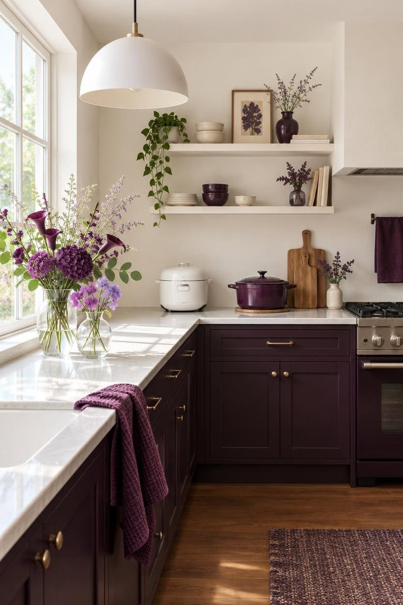 Modern kitchen with purple cabinets, open shelves, and fresh flowers.