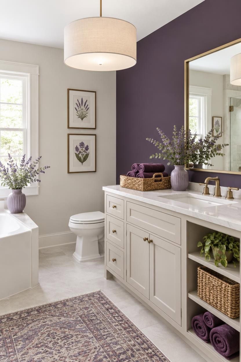 Bright bathroom with lavender accents, white vanity, and large mirror.
