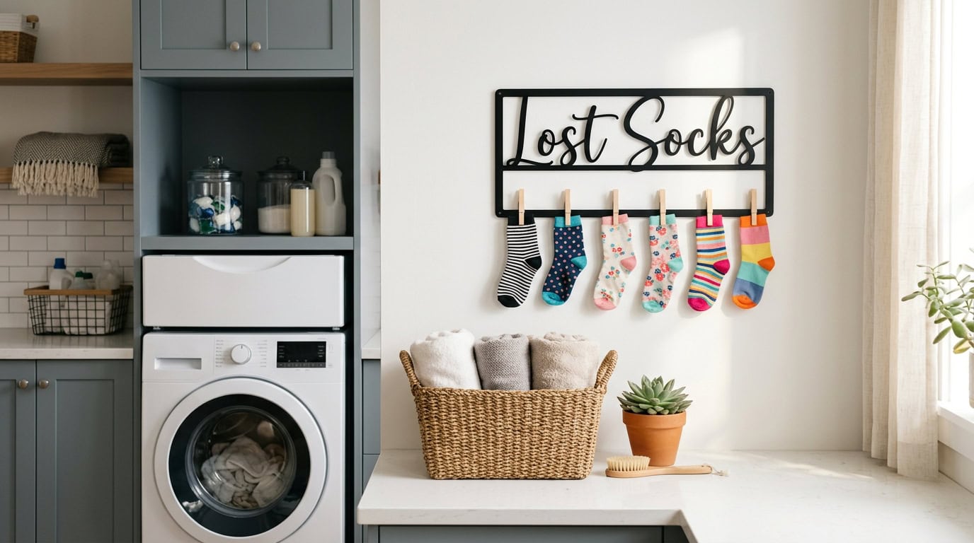 Laundry room with a sock organizer and washing machine in a modern home.