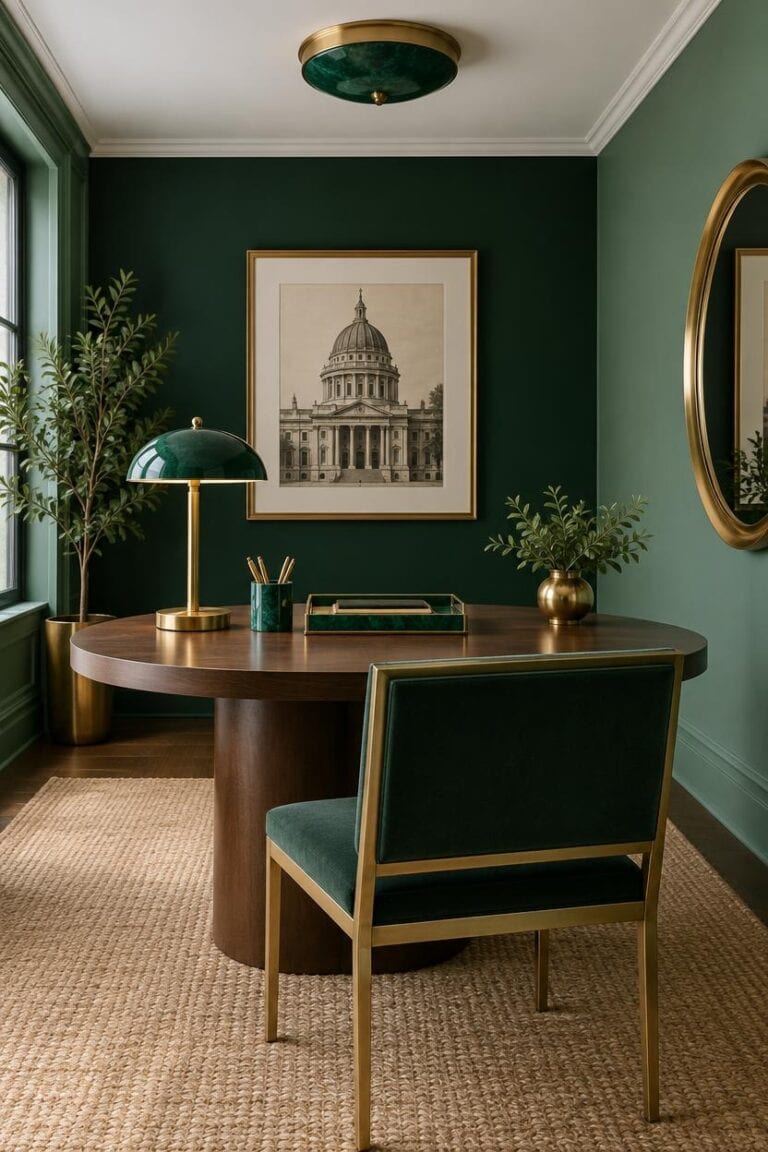 Stylish home office with green walls, gold accents, and a framed Capitol building picture.