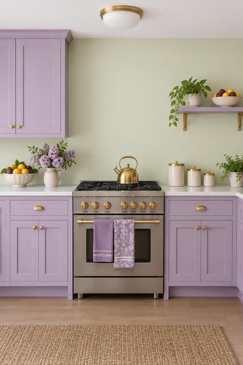 Bright kitchen with lavender cabinets, gold hardware, and fresh fruit decor.
