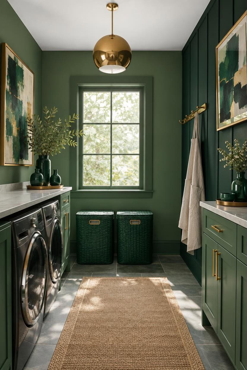 Modern laundry room with green walls, gold accents, and natural light.