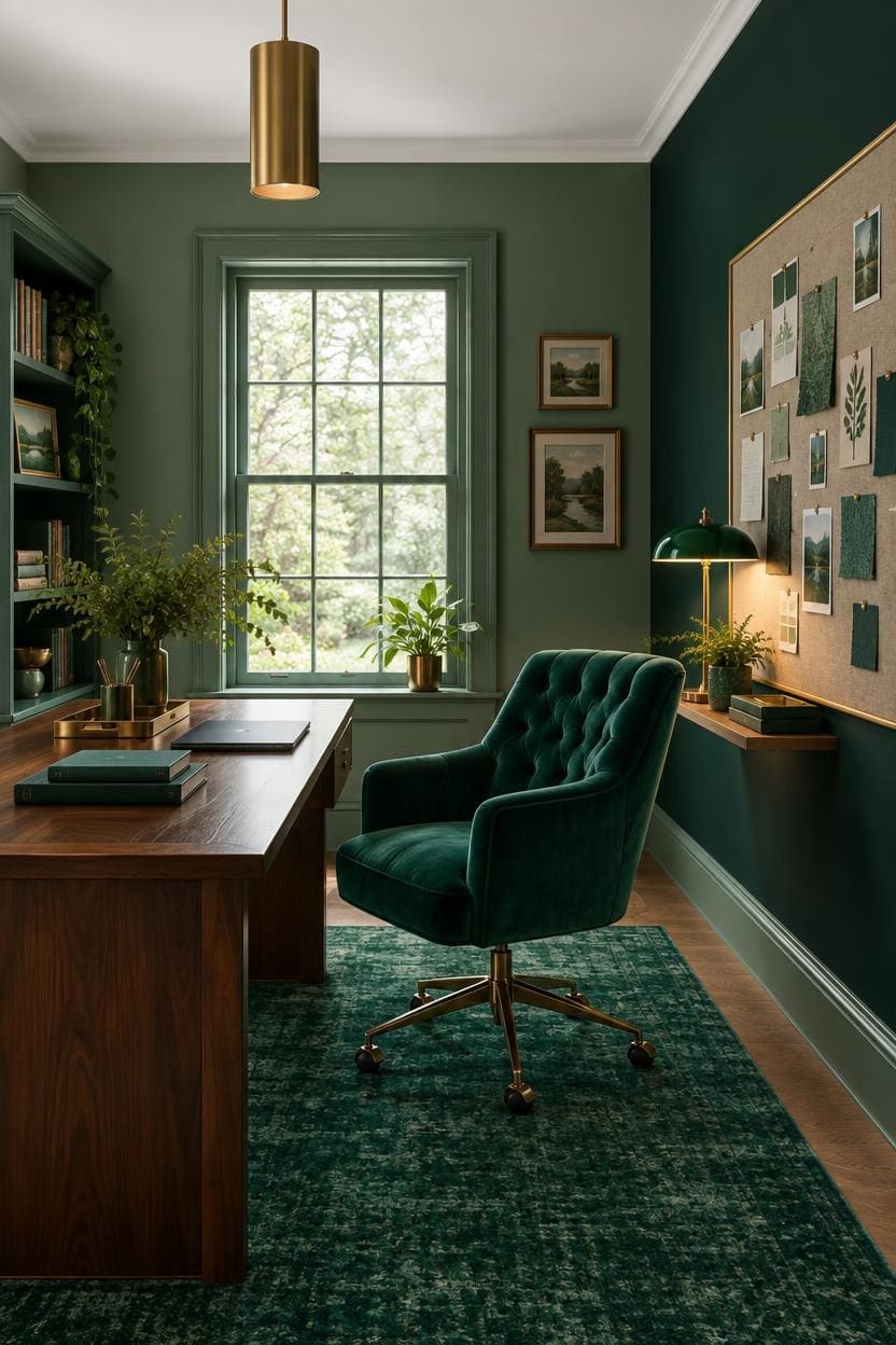 Stylish home office with green walls, velvet chair, and natural light from large window.