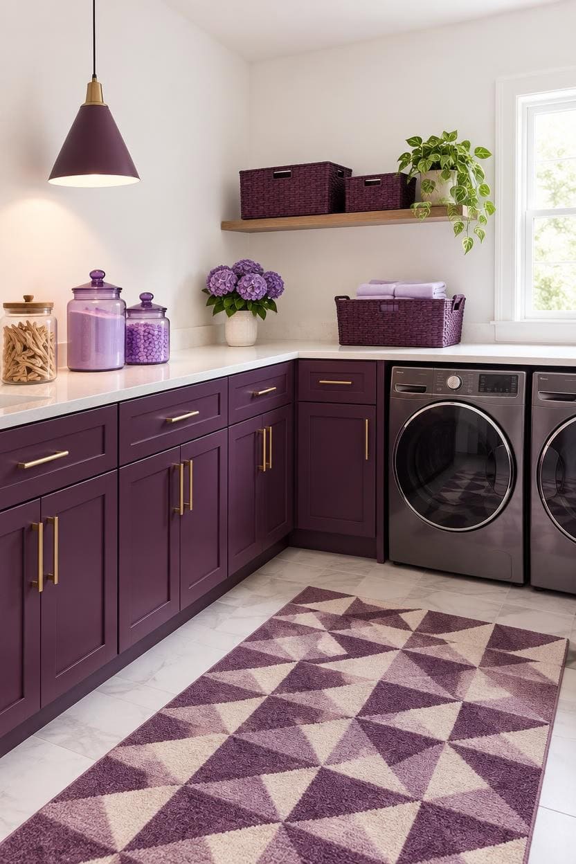 Modern laundry room with purple cabinets, washer, dryer, and decorative storage baskets.