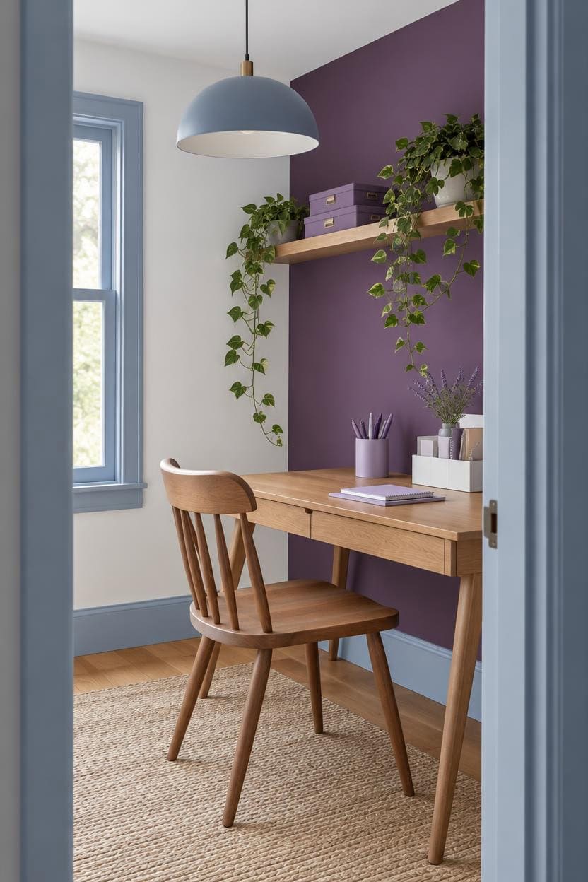 Home office with wooden desk, purple accent wall, and hanging plants.