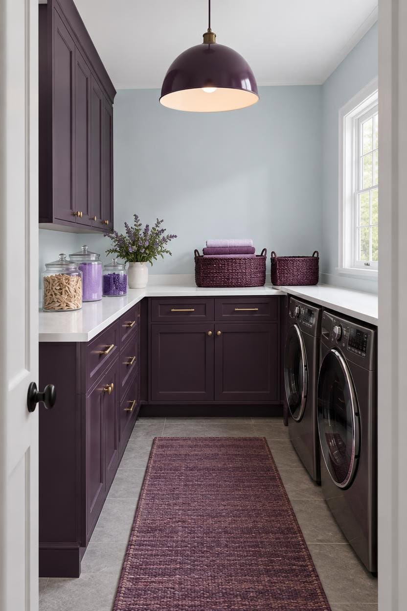 Laundry room with purple cabinets, washer, dryer, and window for natural light.