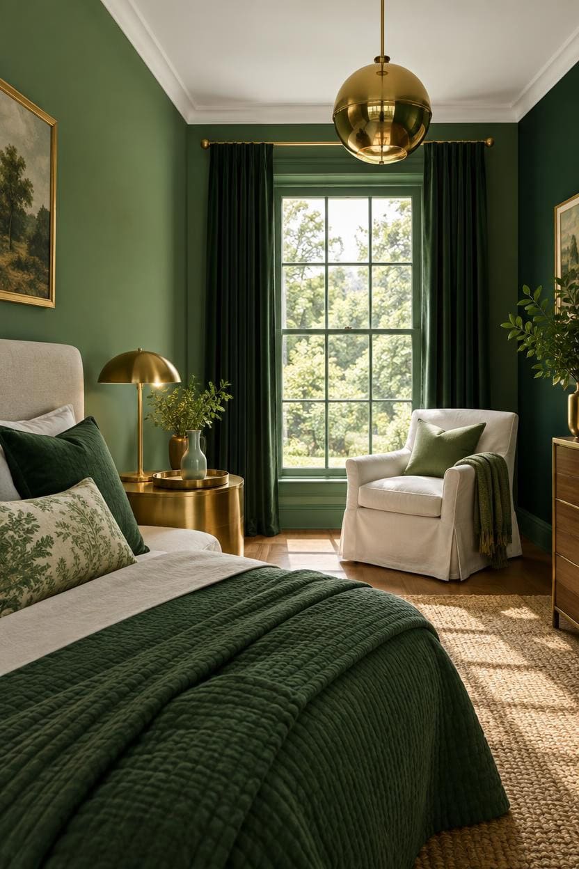 Cozy bedroom with green walls, gold accents, and natural light from large window.