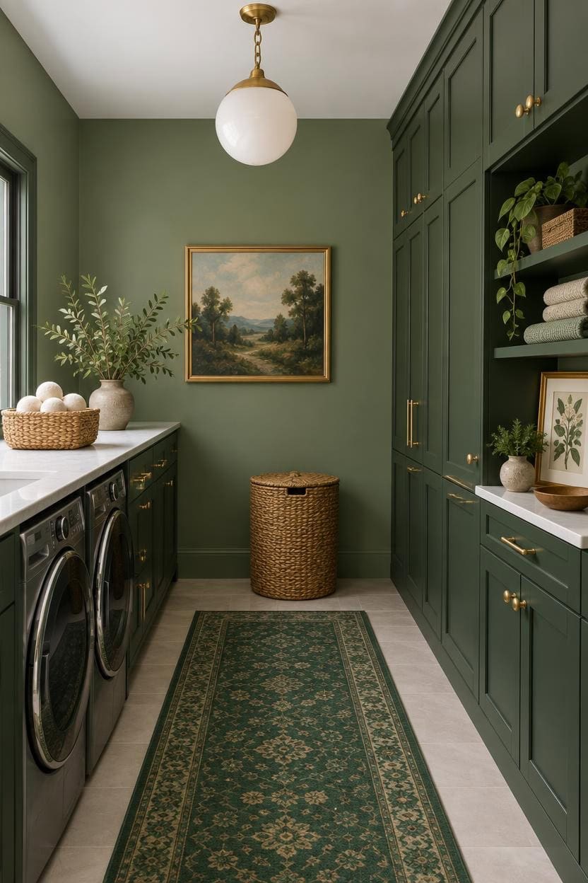 Modern laundry room with green cabinets, washer/dryer, and decorative accents.