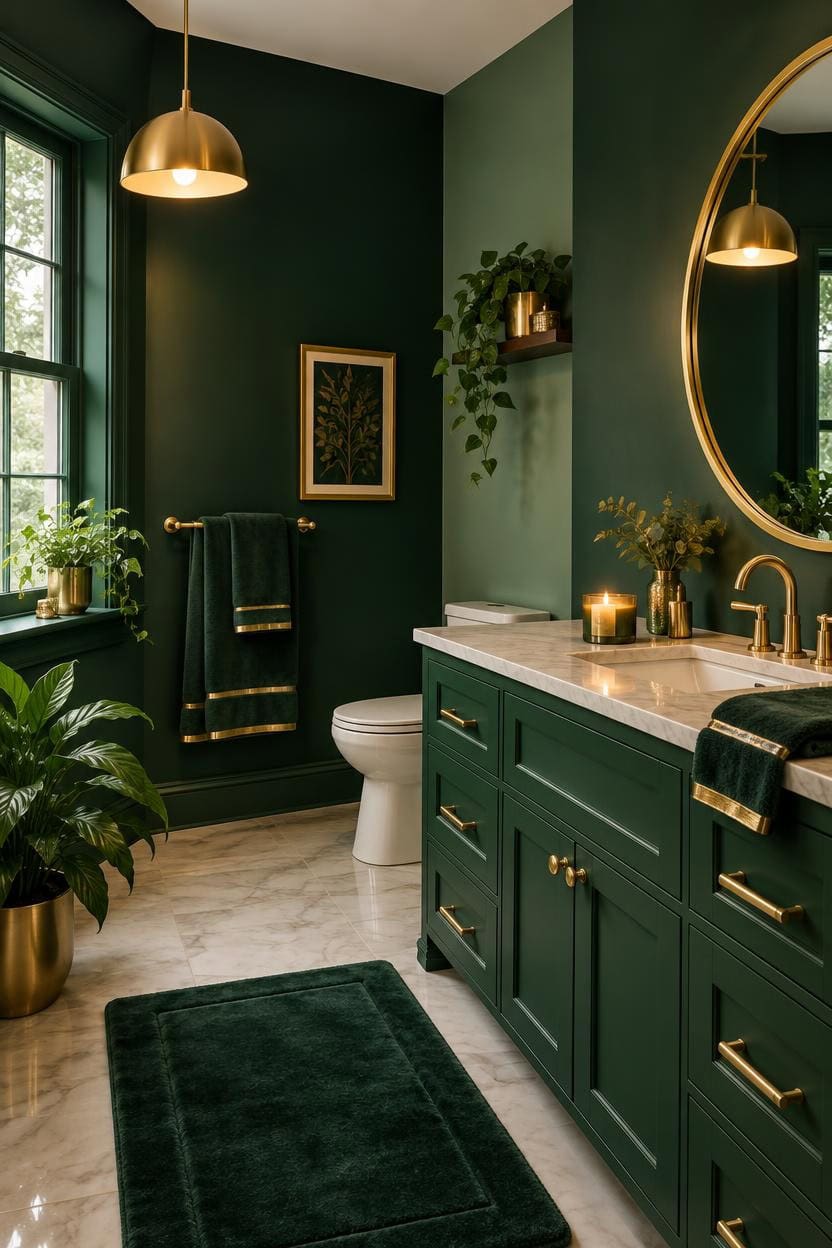 Stylish green bathroom with gold fixtures, mirror, and lush plants.