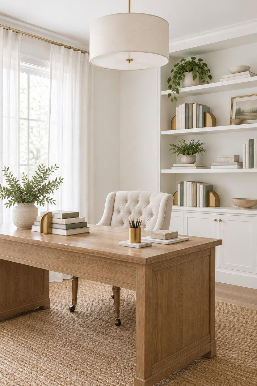 calm oak desk vignette