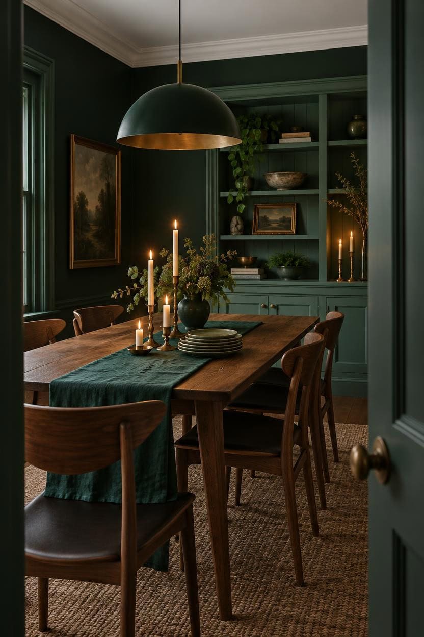 Stylish dining room with dark green walls, wooden table, and candlelit decor.