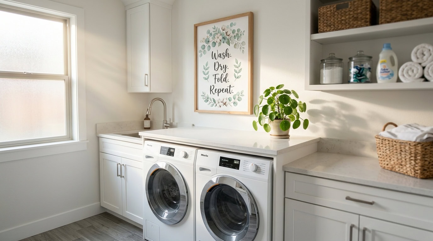 Bright laundry room with washer, dryer, and storage shelves.