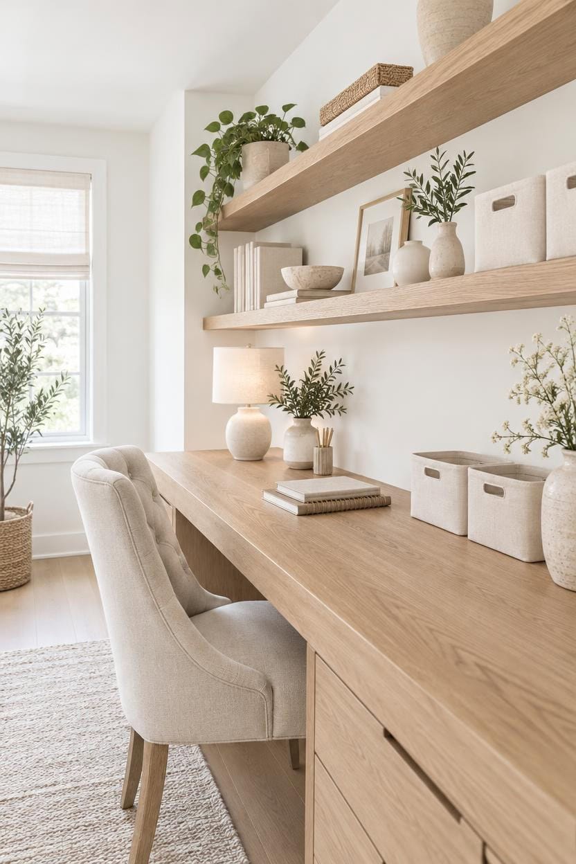 clean lined oak shelves display