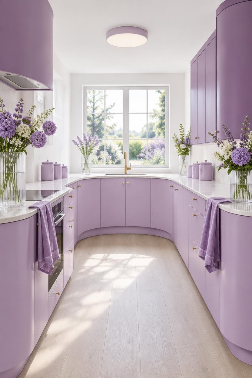 Bright lavender kitchen with large window, floral decor, and modern appliances.