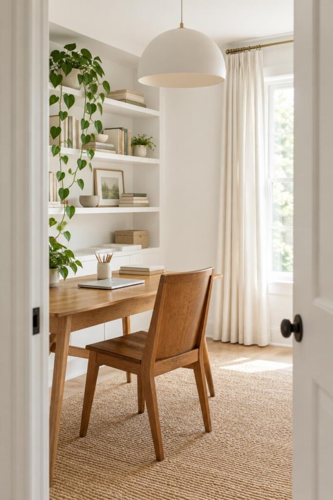 White and Wood Home Office for Women Who Need the Surface Clear Before They Start