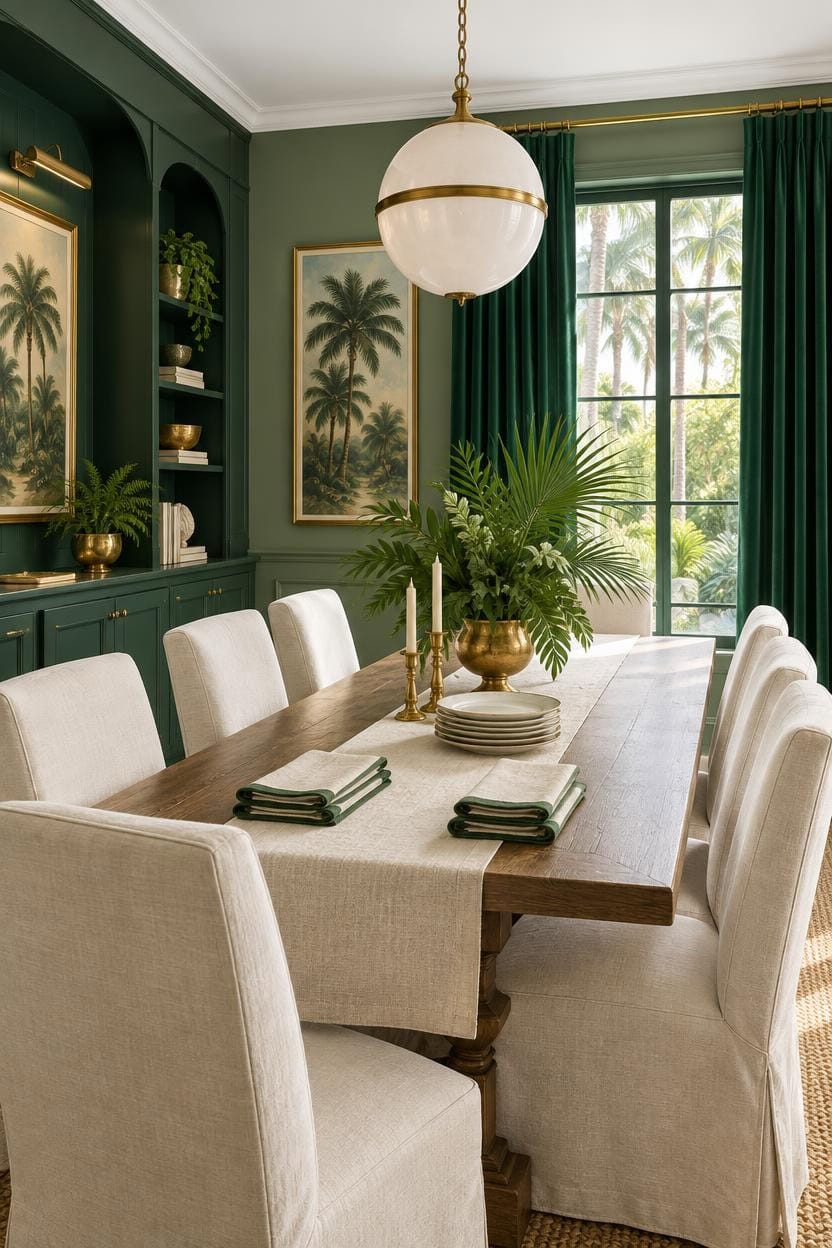 Stylish dining room with green walls, curtains, and tropical decor.