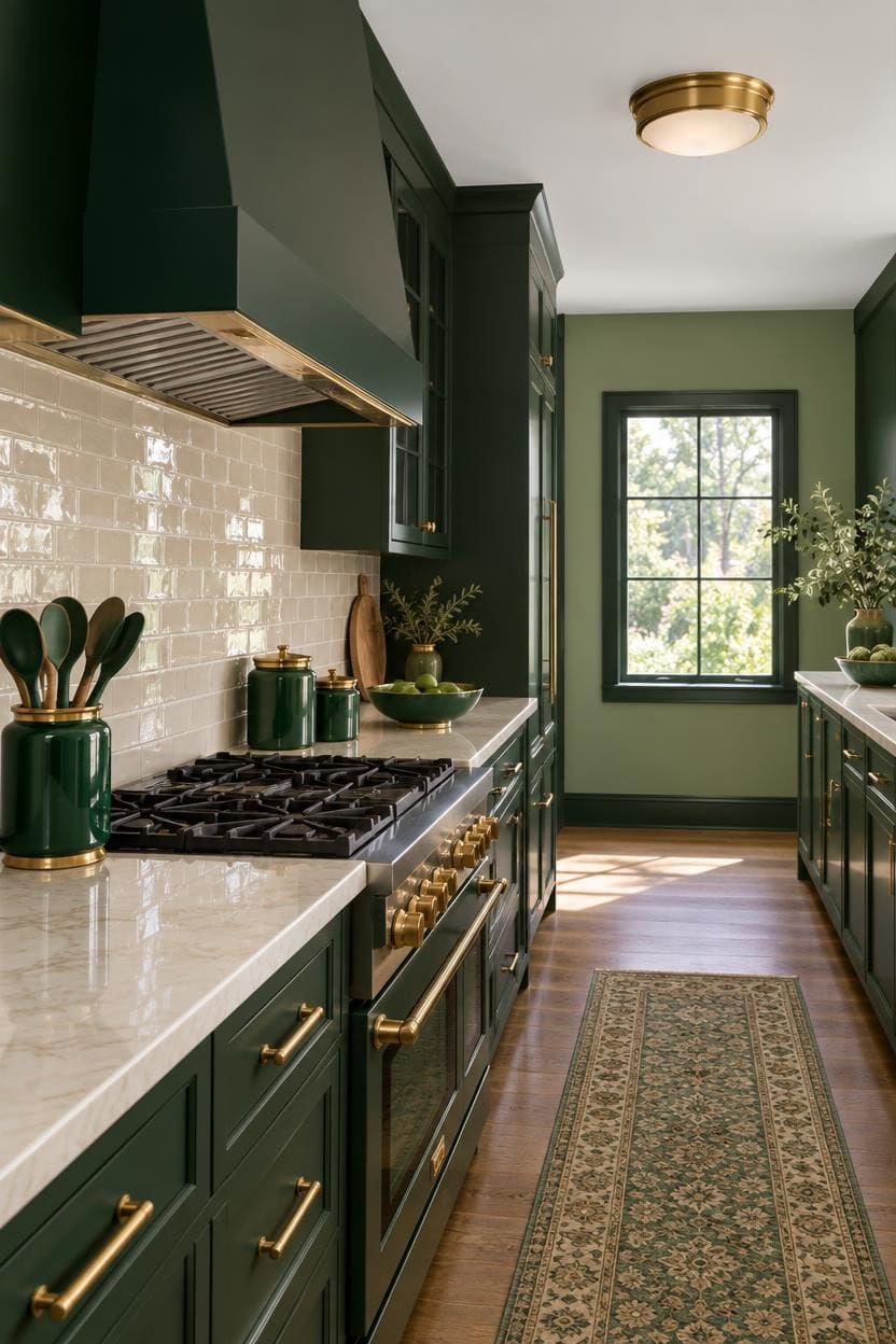 Elegant green kitchen with gold accents, natural light, and stylish decor.