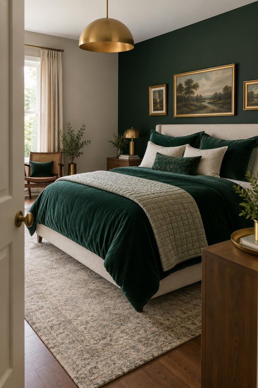 Stylish bedroom with dark green walls, luxurious bedding, and classic artwork.