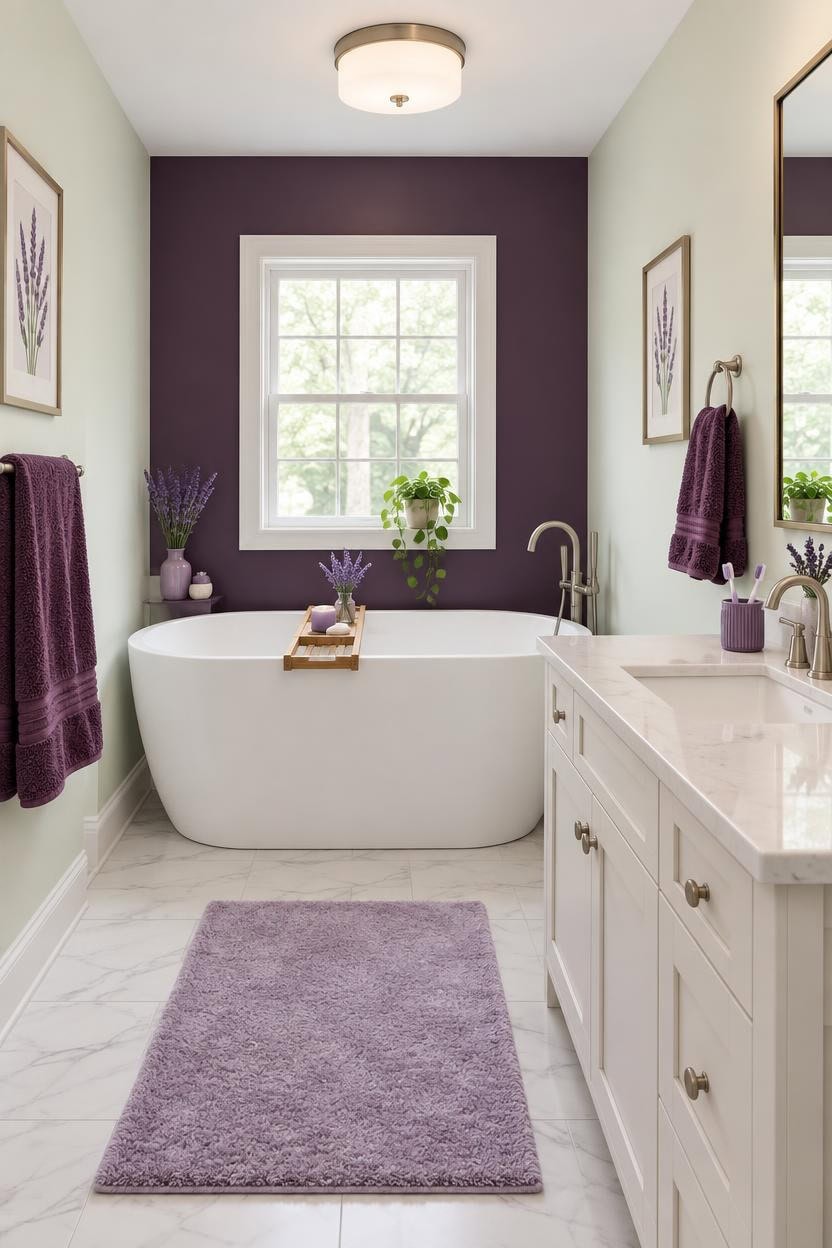 Modern bathroom with purple towels, lavender decor, and a white bathtub.