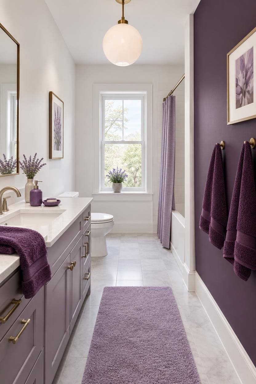 Stylish bathroom with purple accents, white walls, and modern fixtures.
