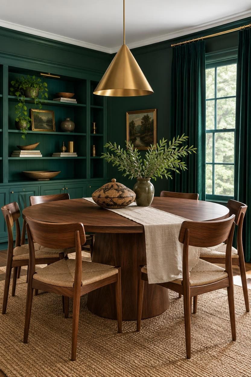 Stylish dining room with green walls, wooden table, and gold pendant light.
