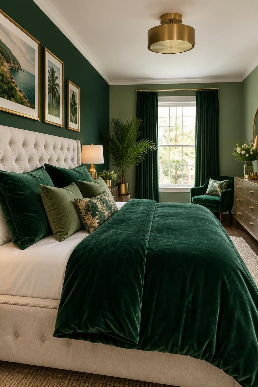 Luxurious bedroom with green velvet bedding, artwork, and natural light.