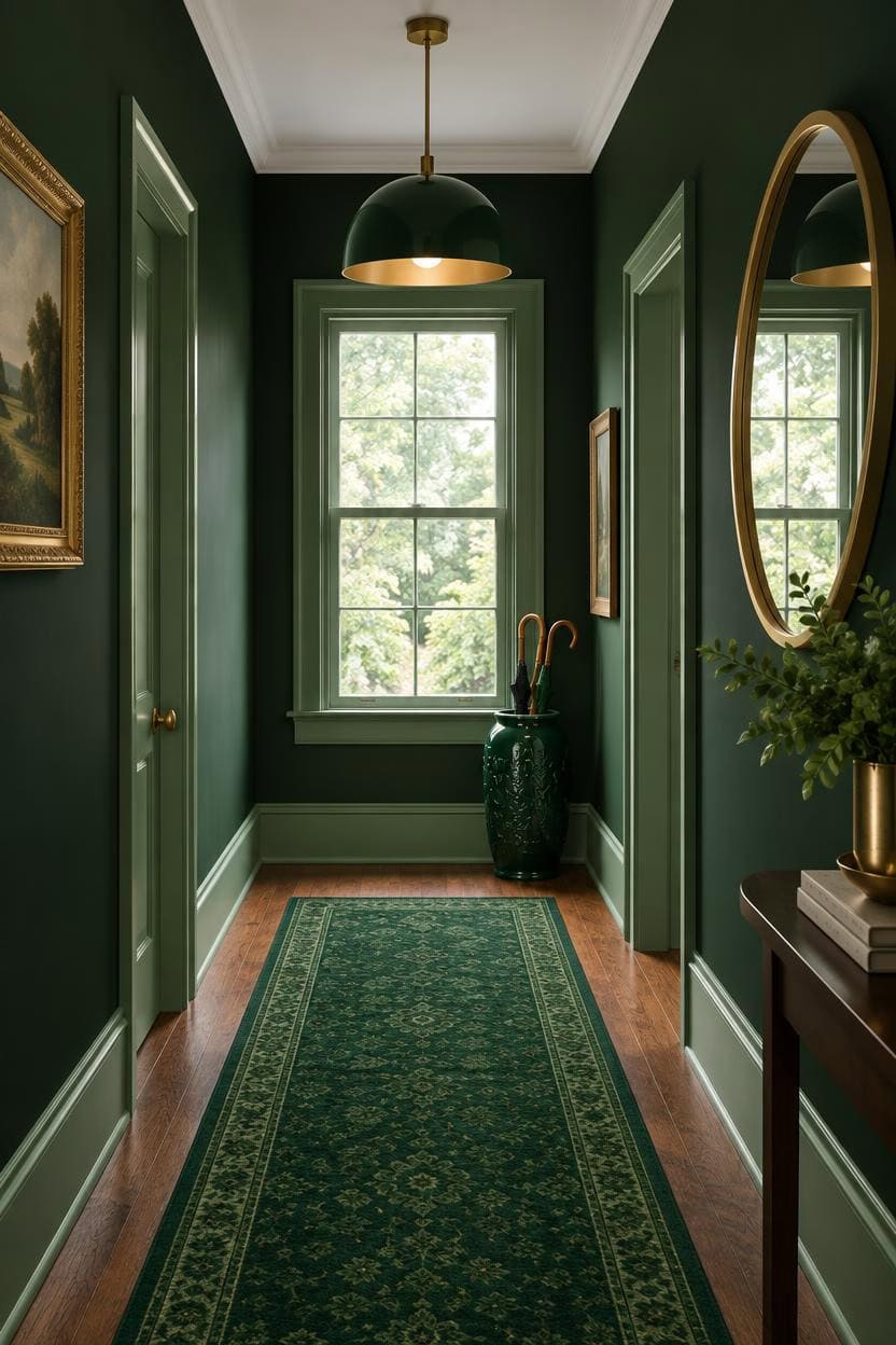 Stylish green hallway with large window, mirror, and decorative vase.