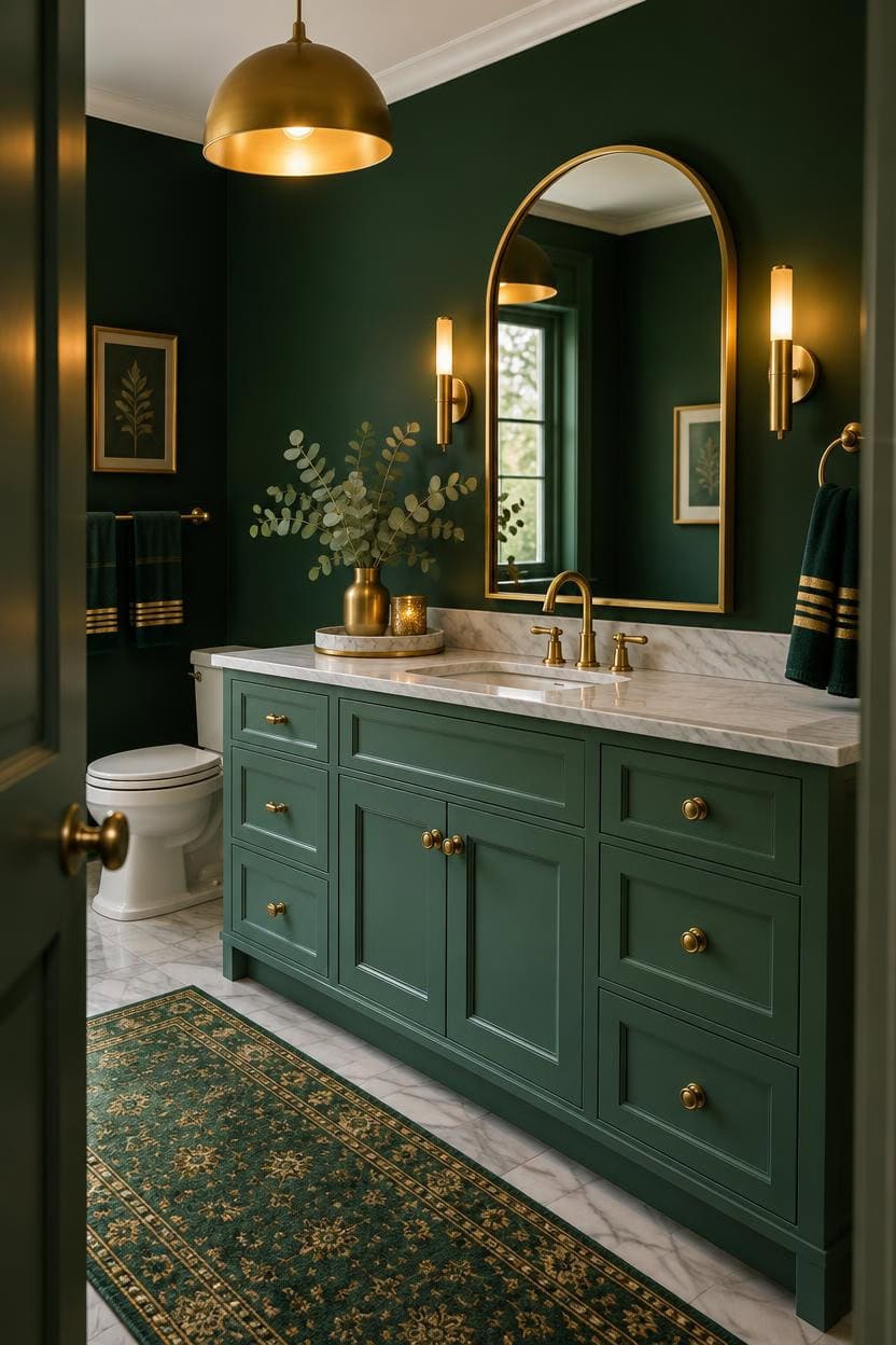 Stylish bathroom with green vanity, gold fixtures, and decorative mirror.