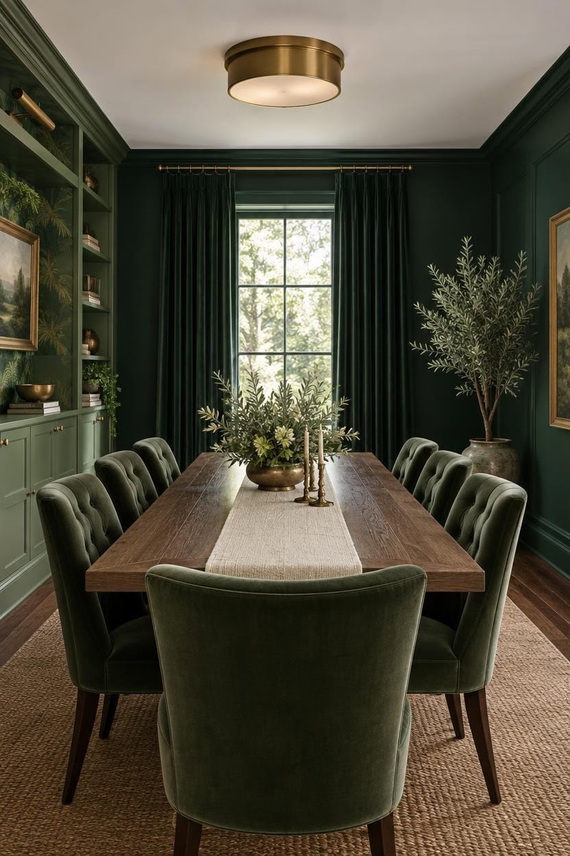 Stylish dining room with green walls, curtains, and velvet chairs around a wooden table.