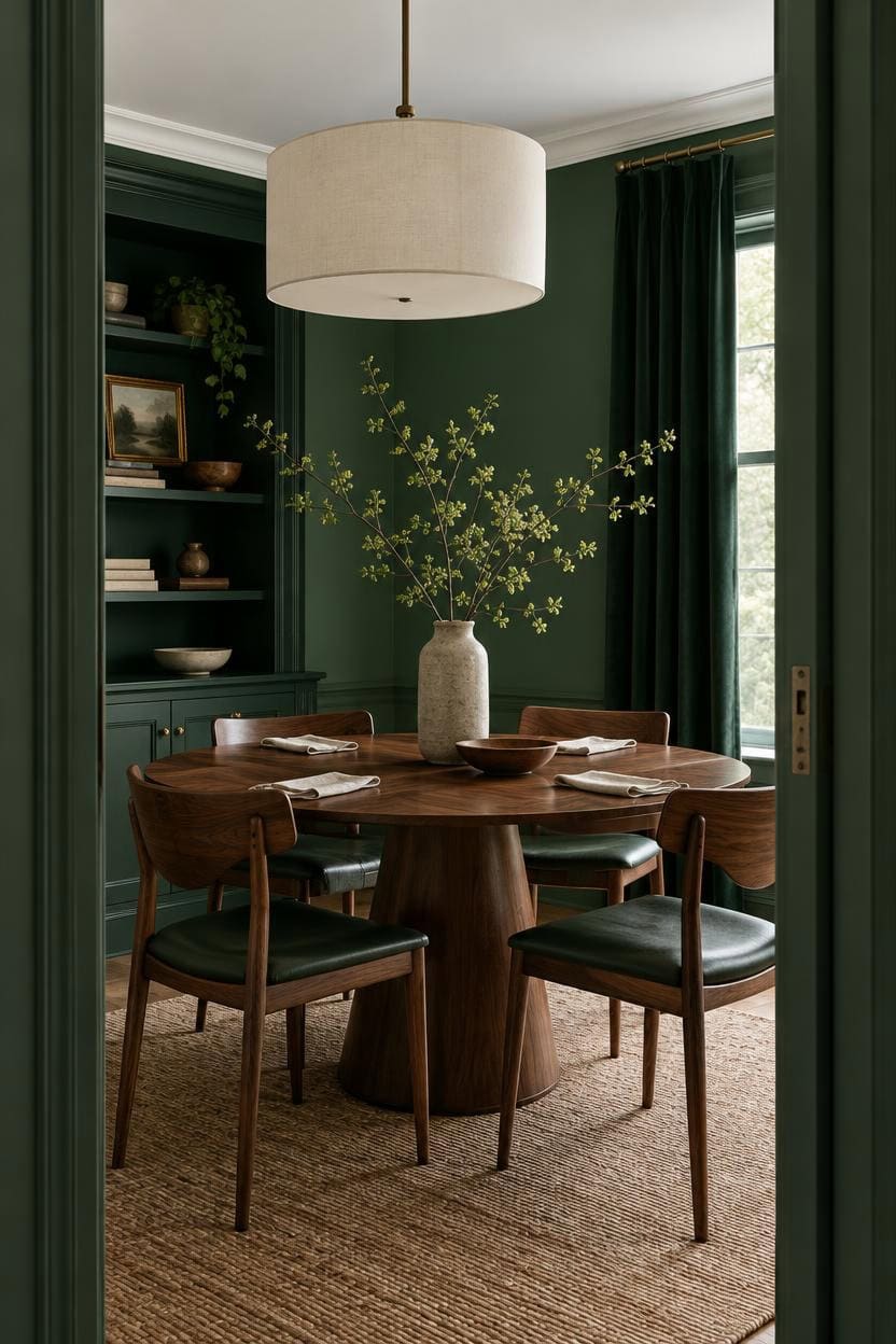 Chic dining room with dark green walls, wooden table, and modern decor.