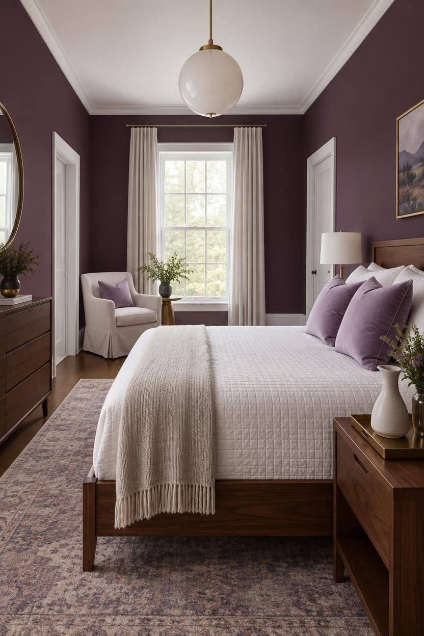 Cozy bedroom with purple walls, large window, and elegant decor.