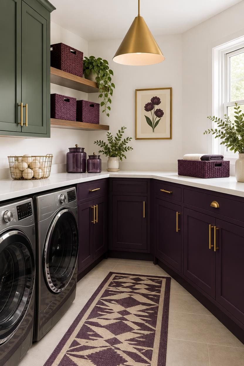 Bright laundry room with green and purple cabinets, gold pendant light, and decorative plants.