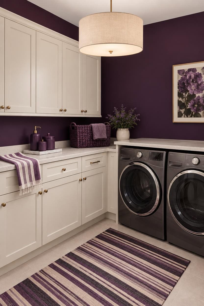 Laundry room with white cabinets, purple walls, and modern washer and dryer.