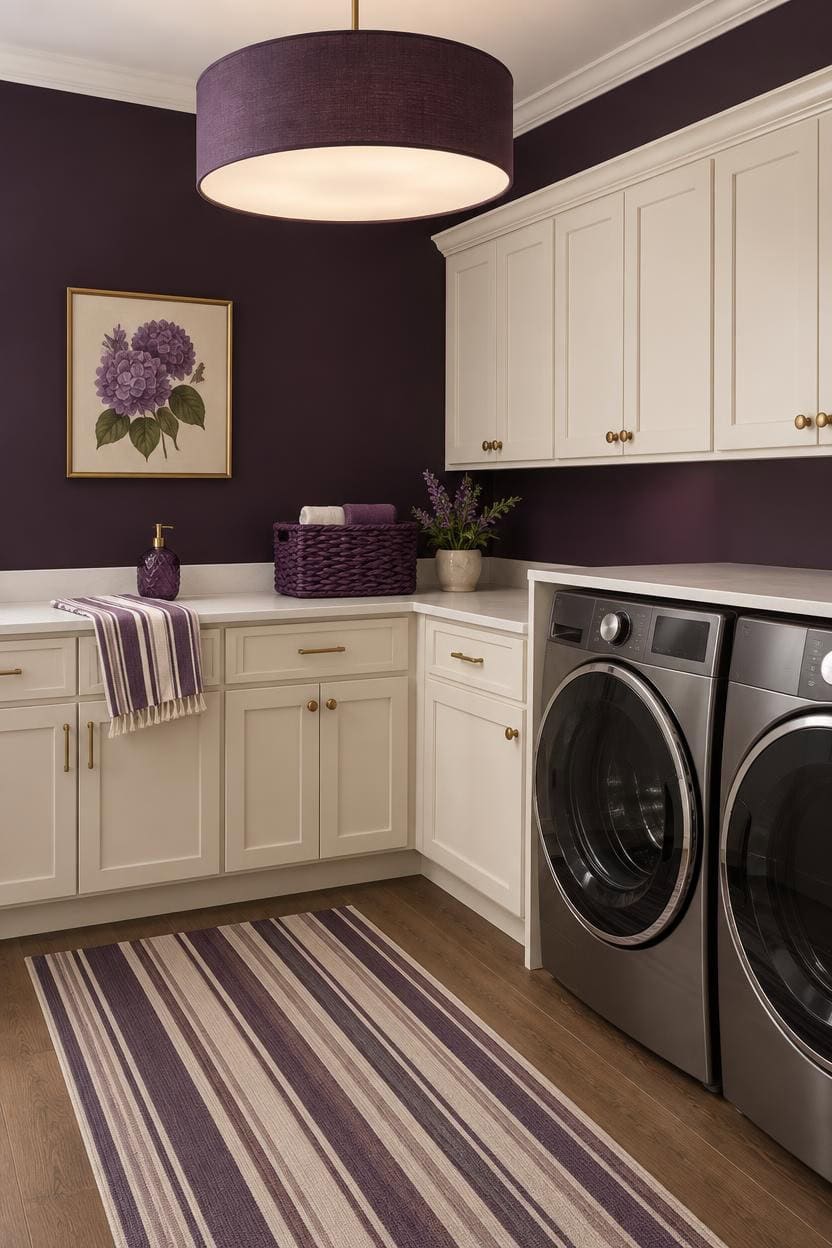 Laundry room with white cabinets, washer and dryer, purple accents, and striped rug.