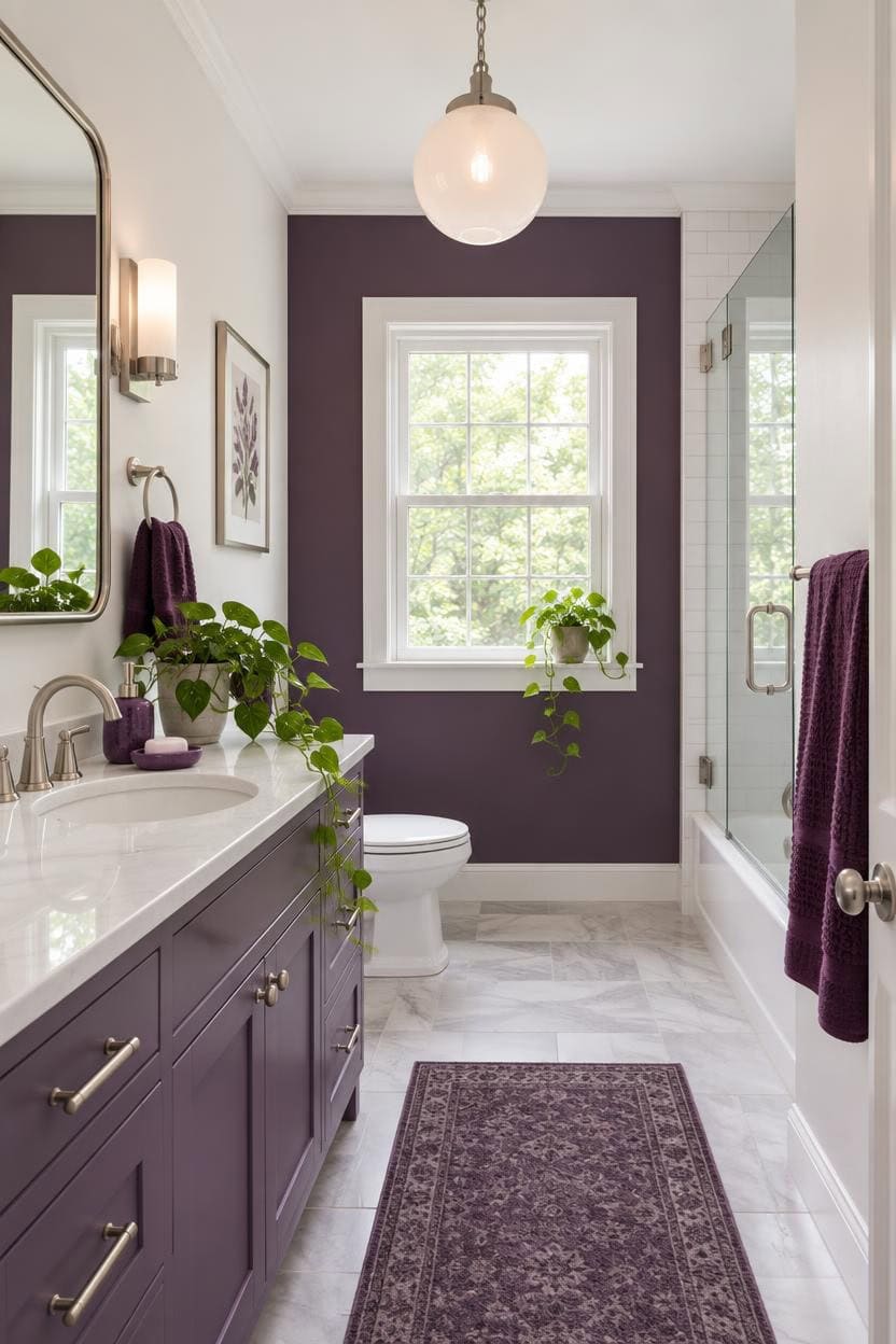 Bright bathroom with purple vanity, white walls, and a glass shower.