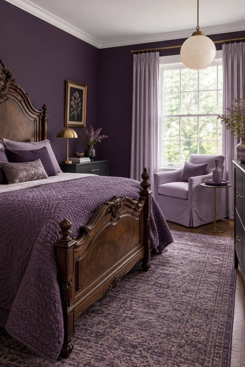 Beautiful bedroom with purple walls, vintage wooden bed, and cozy armchair near window.