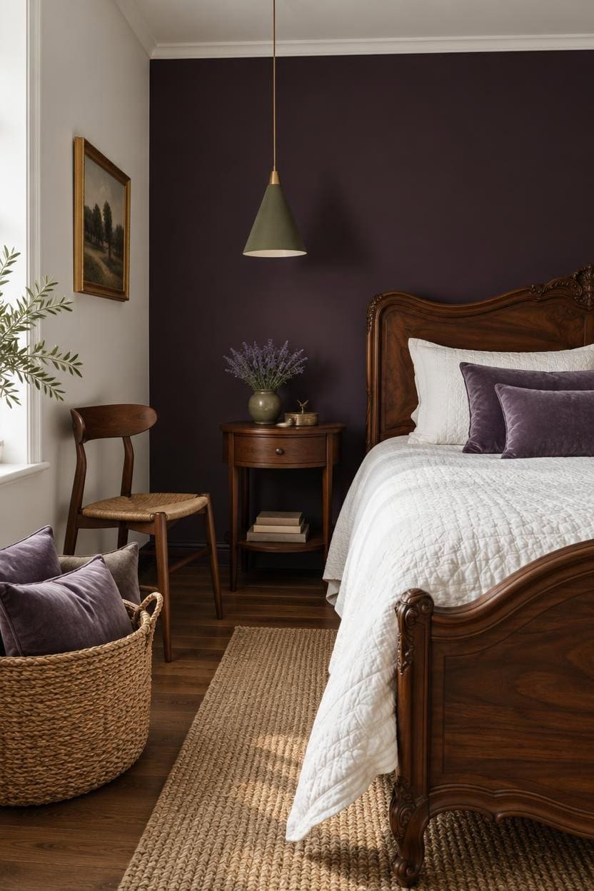 Cozy bedroom with dark accent wall, wooden furniture, and plush pillows.