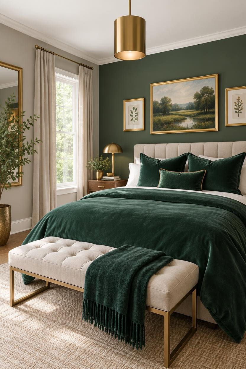 Stylish bedroom with green bedding, artwork, and natural light.